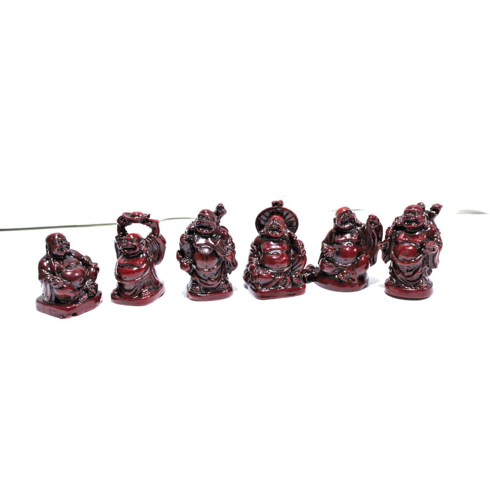Set of 6 Red Resin Laughing Buddha Figurines Buddhist Collectible Statues